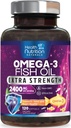 Omega 3 Huile de poisson 2400 mg - Supplément d'acides gras triples Omega3, EPA & DHA - Soutien naturel pour la santé immunitaire, cardiaque et cérébrale - Sauvage pris, non-OGM, arôme de citron, sans Burpless - 120 Softgels