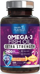 Omega 3 Huile de poisson 2400 mg - Supplément d'acides gras triples Omega3, EPA & DHA - Soutien naturel pour la santé immunitaire, cardiaque et cérébrale - Sauvage pris, non-OGM, arôme de citron, sans Burpless - 120 Softgels