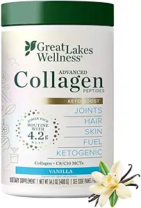 Great Lakes Wellness Keto Boost Advanced Collagen Peptides Powder with 4.2g MCTs - Vanilla Flavored - Nutritiously-Rich Non-Dairy Coffee Creamer or Smoothie Alt - Non-GMO, Kosher - 14.1 oz