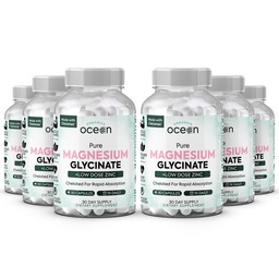 Organics Ocean Pure Magnésium Glycinate avec Zinc - Supplément de magnésium chélaté de force maximale pour les femmes et les hommes pour les crampes musculaires et le soutien du sommeil - 6 bouteilles