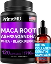4-en-1 Liquid Biotin Collagen Kératin Saw Palmetto Drops (2 fl oz - 1 Pack) & 6-en-1 Maca Root Ashwagandha w Black Pepper Fruit (120ct) Bundle - Cheveux, peau, ongles, énergie et soutien de l'humeur
