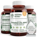 Natural Nutra Chélaté Calcium Magnésium 1000/500 mg Suppléments Plus Betaine HCL - Chélaté Cal Mag améliore la densité osseuse, soutient les muscles, les dents, la santé cardiovasculaire et nerveuse, 100 comprimés végétaliens