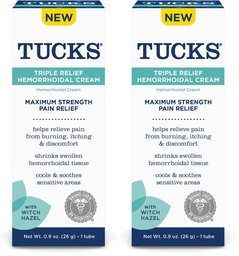 TUCKS Triple Relief Hemorrhoidal Cream, Maximum Strength Pain Relief from Burning, Itching and Discomfort, with Witch Hazel, Treatment, Brand Used by Hospitals, 0.9oz. (26g) (Pack of 2)