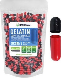 XPRS Nutra Taille 1 Capsules vides - 1000 Capsules de gélatine vides en nombre - Remplissage de capsules de supplément de bricolage - Pilules de gel de couleur rechargeable pour les suppléments de Do-It-Youlf (Noir/Rouge)