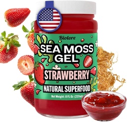 Biolore Strawberry Sea Moss Gel Made in USA Raw Wildcrafted Irish Seamoss, Essential Vitamins, Trace Minerals, Vegan Superfood, Trial Size 8 Fl Oz (Pack of 1)