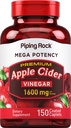 Piping Rock Pomme cidre vinaigre capsules Caplets de 1600mg de 150 pilules de haute puissance de haute puissance de supplément de vinaigre de cidre extra-fort de légumes, non-OGM, sans gluten