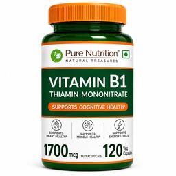 Pure Nutrition Vitamin B1 Supplements (Thiamine Mononitrate) 1700 mcg | B1 Vitamin Thiamine Supplements Supports Energy, Brain, Heart & Muscle Health – 120 Veg Capsules