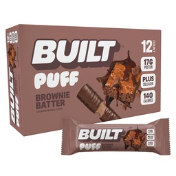 Barre construite, Barres protéinées de puff, Puff à batter de Brownie, 17g de collations protéinées, Barres en marche, seulement 140 calories, 6g de sucre, Collagène, Sans gluten, 12 Compte