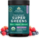 Alimentation ancienne SuperGreens Poudre avec Probiotiques, Bio Berry Savor Greens, Fait à partir de fruits réels, légumes et herbes, Soutien digestif et énergétique, 25 portions, 6.7oz