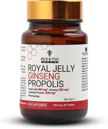 Bee and You Royal Jelly avec tablette Ginseng, extrait de propolis, 60ct, 100% naturel Superfood, Ultra Pure, supplément de soutien immunitaire, antioxydants, Keto, Paléo, sans gluten
