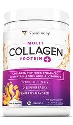 Poudre de collagène multiple pour femmes - Poudre de collagène aromatisée hydrolysée pour femmes de types I II III V et X Vitamine C et acide hyaluronique pour la peau et les ongles des cheveux (mangue de pêche) - 30 portions