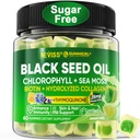 Huile de graines noires Gummies, Chlorophylle et supplément de mousse de mer 500mg, Biotine 500mcg avec collagène hydrolysé pour la peau, les cheveux et les ongles, Vit E, C, Zinc pour la santé globale, Cold pressed biologique, haute absorption