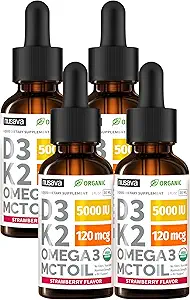 (4 pack) Vitamine biologique D3 K2 gouttes avec l'huile MCT Omega 3, 5000 UI - Résistance maximale Vitamine D Liquide, sans remplissage, liquide non OGM D3 pour l'absorption plus rapide et le soutien immunitaire (Strawberry, 4 Fl Oz)
