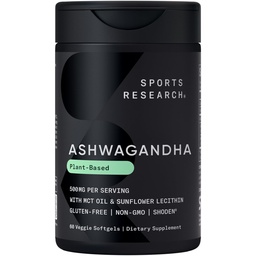 Sports Research® Ashwagandha Softgels à l'huile de noix de coco MCT - Adaptogène naturel fabriqué avec Shoden® Ashwa pour la relaxation, le calme et le sommeil - Sans gluten et respectueux des végétaux - 60 Comte