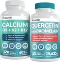 PrimeMD 4-in-1 Kalzium-Ergänzungen für Frauen & Männer oder Herz, Knochen & Körperverteidigungen (120 ct) & 28-in-1 Quercetin mit Bromelain Supplement - Quercetin 500mg Kapseln für Immunabwehrunterstützung (120 ct)