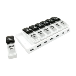 EZY DOSE Hebdomadaire (7 jours) Cas quotidien de pilule AM/PM, planificateur de médicaments, organisateur de vitamines, contenant de supplément, grands compartiments pop-out, conçu pour voyager 2 fois par jour, noir et blanc