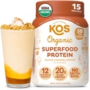 KOS Poudre de protéines végétaliennes, café caramel salé - Mélange de protéines de pois à faible teneur en glucides, superaliments biologiques riches en vitamines et minéraux - Keto, sans produits laitiers - Remplacement des repas pour les femmes et les hommes - 15 portions