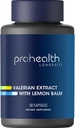 ProHealth Extrait valérian + baume de citron (60 gélules) 160 mg valérian + 80 mg baume de citron () Relaxation et soutien du sommeil () Pas de goggie matinale () Vegan () Sans gluten () Sans soja