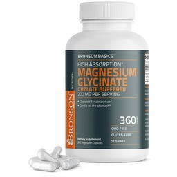 Bronson Magnesium Glycinate 200mg hohe Absorption Chelat gepuffert Gentle auf dem Stomach Non-GMO, 360 Vegetarische Kapseln