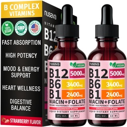 (2 paquets) Vitamine B12 et B6 Liquid Drops, B12 Complexe Sublingual Vitamine B - B 12 Vitamine 5000mcg - B12 Méthylcobalamine pour l'énergie, le cerveau et le coeur avec 27 200 mcg, fraise, 80 portions