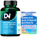 Divinity Nutra Triple Magnésium Complex Supplément 300mg de Magnésium Glycinate, Malate & Citrate pour Muscles, Nerves, & Énergie, Haute Absorption, 120 Capsules Vegan, Non-GMO USA Fait