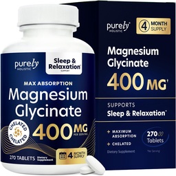 Glycinate de magnésium 400mg - 270 comprimés de magnésium (pas capsules) - 400 mg Magnésium élémentaire - hautement biodisponible - Végétarien et végétalien - pour améliorer le sommeil, le stress et la défense des crampes