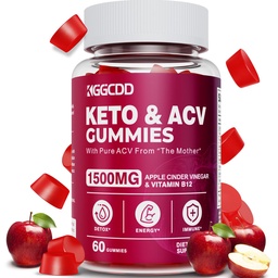 Gommies de vinaigre de cidre de pomme Keto Avancé Perte de poids, supplément de gommy Keto pour les femmes et les hommes, avec vinaigre de cidre de pomme 1500MG et vitamine B12, végétalien et non-OGM, désintoxication et nettoyage, faible teneur en glucides, compte 60