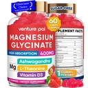 60 jours d'approvisionnement Magnésium Glycinat 400mg Gommies avec Ashwagandha, L-Theanine, CoQ10, Vitamine D3 & B6, sans sucre Gommies de magnésium pour adultes et enfants, soulagement du stress, sommeil et calme, végétalien, sans gluten