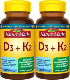 Nature Made Vitamin D3 K2, 5000 IE (125 mcg) Vitamin D, Nahrungsergänzungsmittel für Knochen, Zähne, Muskel- und Immungesundheit, 30 Softgels, 30-Tage-Versorgung - Packung von 2