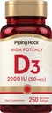 Piping Rock Vitamin D3 2000 IU | 250 Softgels | Hohe Potenz | Cholecalciferol Supplement | Non-GMO, Glutenfrei