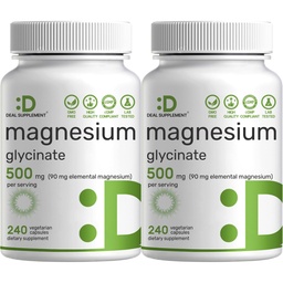 2 Pack Magnésium Glycinate 500mg, 480 Capsules de Véggie.100% Chélaté pour l'absorption facile.