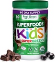 Feel Great USDA Organic Super Greens Powder for Kids - Cocao Chocolate | Fruit & Veggie Supplement | Superfood Powder with Probiotics & Digestive Enzymes for Digestive Health | 60 Days Supply