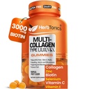 Herbtoniques Gommies multicollagènes avec biotine et vitamine C, Peptides de collagène hydrolysés de types I, II, III, V, X pour cheveux, peau, ongles et os - Arôme tropical, 60 Gommies