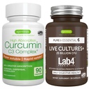 Cultures vivantes+ Lab4 Probiotiques + haute absorption Curcumine C3 complexe Végétalien Bundle, 25 milliards CFU Probiotique, non flottant Prébiotique + 300% plus grande absorption Curcuminoides avec prise rapide, par Igennus