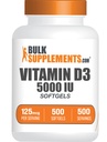 BulkSupplements.com Vitamin D3 5000IU Softgels - Cholecalciferol, D3 Supplement, Vitamin D 5000 IU - 1 Vitamin D3 Softgel (125mcg Vitamin D) pro Servierung, 500 Graf (Pack 1)
