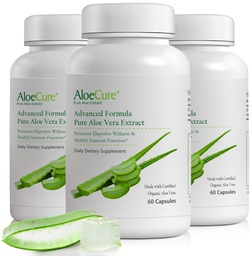 AloeCure Organic Aloe Vera Capsules, 160 000 mg Équivalent intérieur en Aloe Leaf par service, soutien Gut, digestif, et santé immunitaire, aide à maintenir l'acidité équilibrée de l'estomac, sans alonge, 60Caps x 3Btl