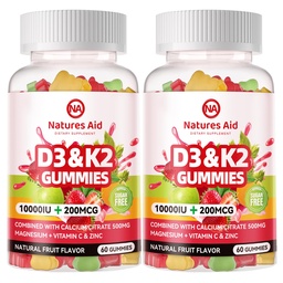 Natures aide la vitamine sans sucre D3 K2 Gummies avec Calcium + K2 (MK-7), Citrate de magnésium, Vitamine C, Extra Force - Absorption ultime pour les dents osseuses, Vegan - 120 Gummies