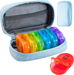 Serfeymi Weekly Travel Pill Organizer 2 fois par jour AM PM Upgraded Rainbow Pill Box 7 Day with Portable Zipper Pill Case en cuir PU, Organisateur de médecine pour les pilules, les vitamines, les huiles de poisson - Bleu 01