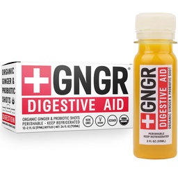 +GNGR Gingembre Digestif Organic Shots with Probiotiques, Gut Health, Colon Cleanse, Bloating Relief, Gut Detox, Immunity Shots with Ginger Juice, Turmeric, Black Pepper. (2 Oz, pack de 12)