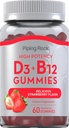 Piping Rock Vitamin D3 und B12 Gummis | 60 Count | Supplement für Frauen und Männer | Hohe Potenz | Erdbeergeschmack | Vegetarisch, Nicht-GVO, glutenfrei