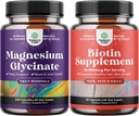 Ensemble de Glycinat de Magnésium pur 400mg par service pour le sommeil d'humeur et la relaxation 240ct et pur pilules de biotine pour les femmes hommes - Stop perte de cheveux mince supplément naturel