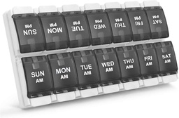 Sukuos AM PM Hebdomadaire 7 jours Pill Organizer, 2 fois par jour Pill Box with Arthritis Friendly Push Button, boîtes de médicaments pour les vitamines/huile de poisson/compléments, facile à nettoyer (noir)