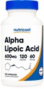 Acide alpha lipoïque Nutricost 600mg par portion 120 capsules, 60 portions - capsules à base de plantes, non-OGM