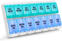 Sukuos AM PM Hebdomadary 7 Day Pill Organizer, 2 fois par jour Pill Box with Arthritis Friendly Push Button, boîtes de médicaments pour les vitamines/huile de poisson/compléments, facile à nettoyer (Cyan&Blue)