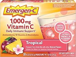 Emergen-C 1000mg Poudre de vitamine C, avec des antioxydants, des vitamines B et des électrolytes, suppléments de vitamine C pour le soutien immunitaire, mélange de boissons gazeuses sans caféine, saveur tropicale - 30 comte/1 mois d'approvisionnement