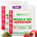 GOBIOTIX Super Greens and Reds Powder - Red and Green Superfood - Supplément probiotique - Enzymes digestifs et poudre de racine de betterave - Complément alimentaire biologique entier (Pom Raspberry, 2 Pack)