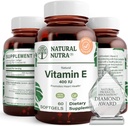 Supplément Nutra Vitamine E 400 UI naturel, Enrichir les nutriments de santé, favorise la santé de la peau, améliorer la croissance des cheveux et des ongles, soutient le niveau de graisse corporelle, aide la santé cardiaque et protège la peau Texture, 60 gels doux