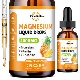 Magnesium Glycinate Flüssigkeitstropfen, 1000 mg flüssiges Magnesium-Komplex-Ergänzungsmittel für Schlaf, Nerve, Energie, Muskel, Knochen, Kalorien und Verdauung, hohe Absorption, 2 Fl Oz, Zuckerfreie Ananas-Flasche