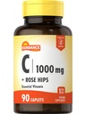 Sundance Vitamine C 1000mg avec Rose HIPS (90 caplets végétariens) Vitamine essentielle, sans OGM et supplément sans gluten