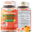 Vitamine liposomique C 1000mg Gommies pour adultes - Vitamine C Chewable avec Elderberry, Zinc & 8mg Fer, Suppléments sans sucre Vit C, Gommies de soutien immunitaire quotidien pour l'énergie, Collagen Booster 60 comtes